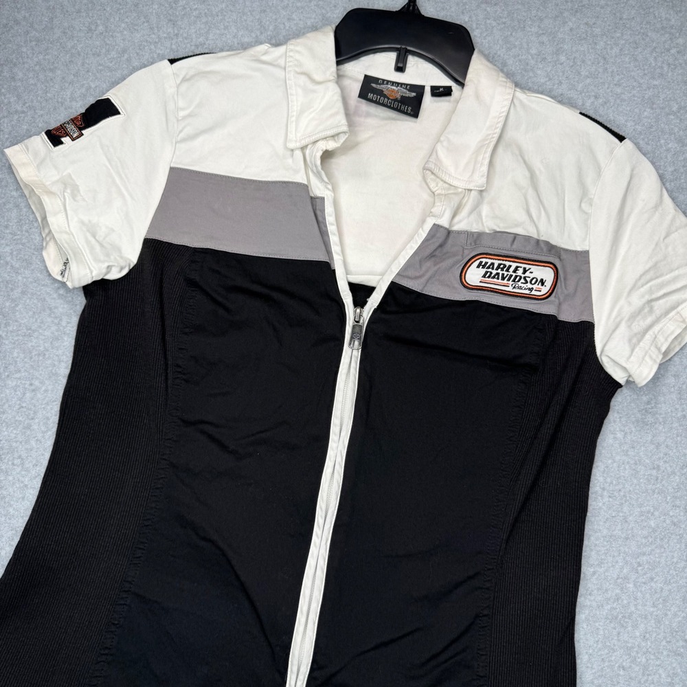 Harley Davidson Full Zip Mechanic Shirt Womens M Black White Motorcycle Biker